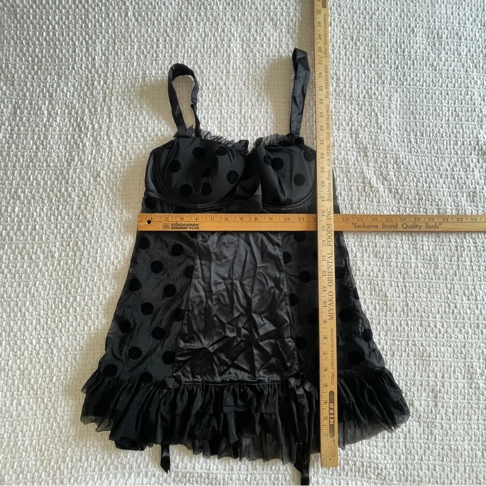 Y2K Babydoll LA SENZA Black Polka Dot Garter Lingerie Corset Mesh Top L Coquette - Picture 11 of 12